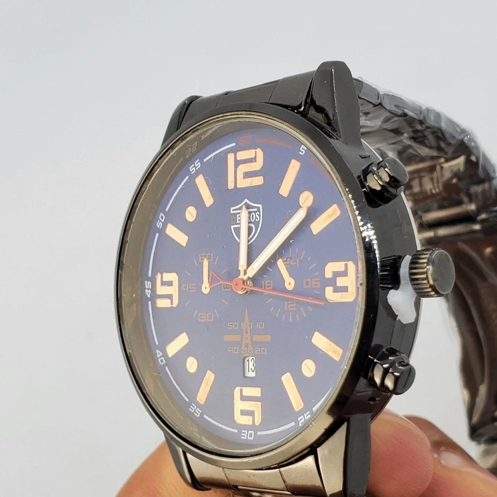 Men's Watch 42MM Blue‎ Dial Gold Numerals Date Indicator Black Bracelet 7